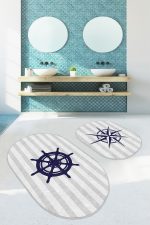 - RealHomes - Realhomes  Gri Çizgili Pusula & Dümen Tasarımlı 2'li Oval Kaymaz Tabanlı Banyo & Mutfak Paspas Takımı Realhomes