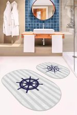 - RealHomes - Realhomes  Gri Çizgili Pusula & Dümen Tasarımlı 2'li Oval Kaymaz Tabanlı Banyo & Mutfak Paspas Takımı Realhomes