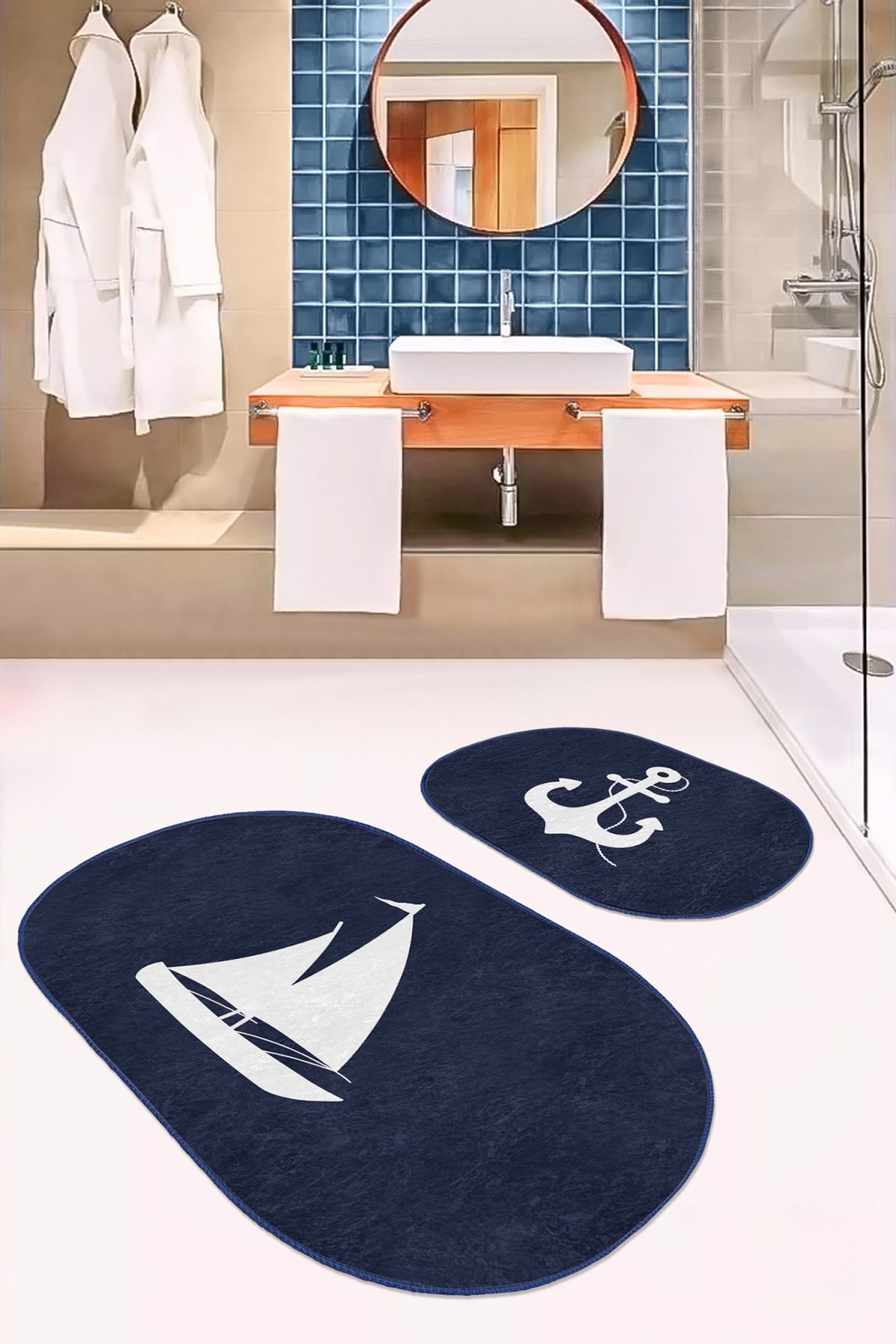 Lacivert Zemin Çapa & Kayık Motifli 2'li Oval Kaymaz Tabanlı Banyo & Mutfak Paspas Takımı Realhomes