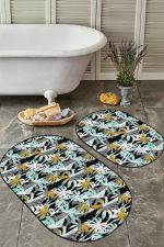 - RealHomes - Realhomes  Renkli Gold Detaylı Palmiye Ağaçları Özel Tasarım 2'li Oval Kaymaz Tabanlı Banyo & Mutfak Paspas Takımı Realhomes