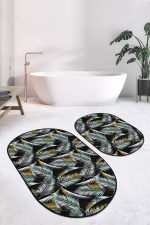 - RealHomes - Realhomes  Gold Detaylı Tropik Yaprak Tasarımlı 2'li Oval Kaymaz Tabanlı Banyo & Mutfak Paspas Takımı Realhomes