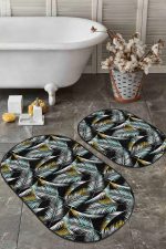 - RealHomes - Realhomes  Gold Detaylı Tropik Yaprak Tasarımlı 2'li Oval Kaymaz Tabanlı Banyo & Mutfak Paspas Takımı Realhomes