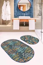 - RealHomes - Realhomes  Renkli Uzun Tropik Yaprak Dijital Baskılı 2'li Oval Kaymaz Tabanlı Banyo & Mutfak Paspas Takımı Realhomes