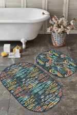 - RealHomes - Realhomes  Renkli Uzun Tropik Yaprak Dijital Baskılı 2'li Oval Kaymaz Tabanlı Banyo & Mutfak Paspas Takımı Realhomes