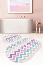 Renkli Geometrik Zigzag Özel Tasarım 2'li Oval Kaymaz Tabanlı Banyo & Mutfak Paspas Takımı Realhomes