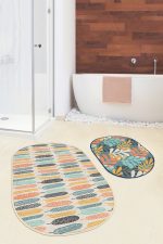 - RealHomes - Realhomes  Renkli Tropik Yaprak Tasarımlı Dijital Baskılı 2'li Oval Kaymaz Tabanlı Banyo & Mutfak Paspas Takımı Realhomes