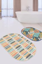 - RealHomes - Realhomes  Renkli Tropik Yaprak Tasarımlı Dijital Baskılı 2'li Oval Kaymaz Tabanlı Banyo & Mutfak Paspas Takımı Realhomes