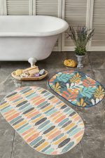 - RealHomes - Realhomes  Renkli Tropik Yaprak Tasarımlı Dijital Baskılı 2'li Oval Kaymaz Tabanlı Banyo & Mutfak Paspas Takımı Realhomes