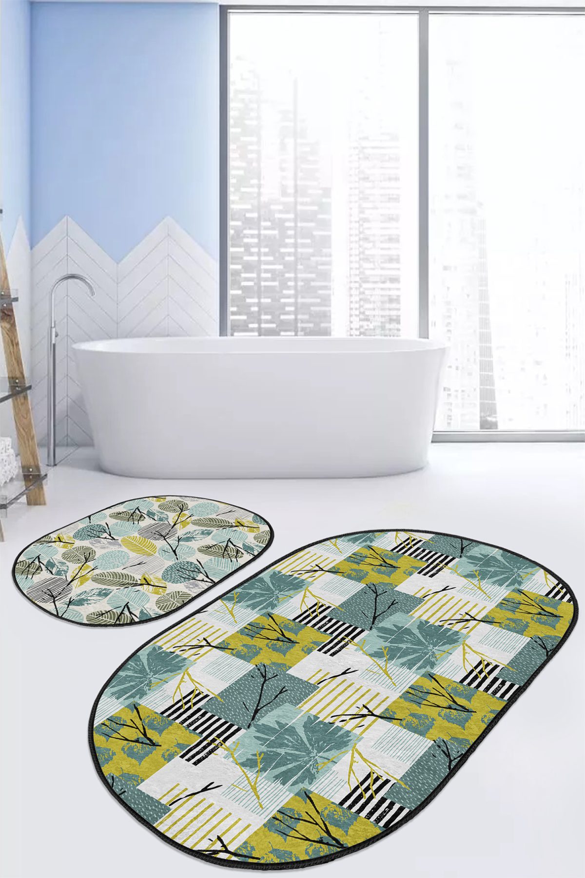 Tropik Yaprak Dijital Baskılı Özel Tasarım 2'li Oval Kaymaz Tabanlı Banyo & Mutfak Paspas Takımı Realhomes
