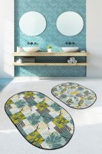 - RealHomes - Realhomes  Tropik Yaprak Dijital Baskılı Özel Tasarım 2'li Oval Kaymaz Tabanlı Banyo & Mutfak Paspas Takımı Realhomes
