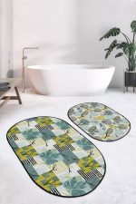 - RealHomes - Realhomes  Tropik Yaprak Dijital Baskılı Özel Tasarım 2'li Oval Kaymaz Tabanlı Banyo & Mutfak Paspas Takımı Realhomes