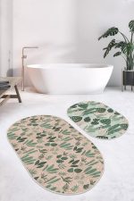 Soft Zemin Tropik Yapraklar Dijital Baskılı 2'li Oval Kaymaz Tabanlı Banyo & Mutfak Paspas Takımı Realhomes