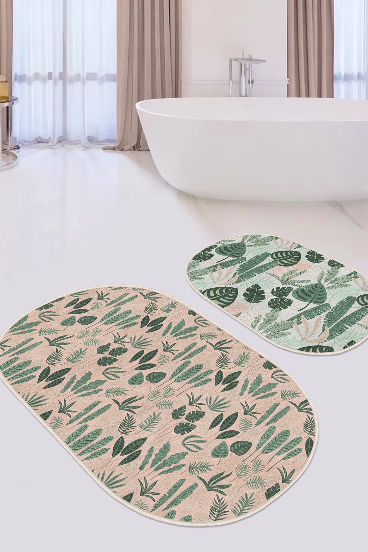 Soft Zemin Tropik Yapraklar Dijital Baskılı 2'li Oval Kaymaz Tabanlı Banyo & Mutfak Paspas Takımı Realhomes