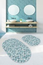- RealHomes - Realhomes  Mavi Zemin Papatya Tasarımlı 2'li Oval Kaymaz Tabanlı Banyo & Mutfak Paspas Takımı Realhomes