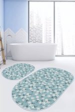 - RealHomes - Realhomes  Mavi Zemin Papatya Tasarımlı 2'li Oval Kaymaz Tabanlı Banyo & Mutfak Paspas Takımı Realhomes