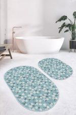 - RealHomes - Realhomes  Mavi Zemin Papatya Tasarımlı 2'li Oval Kaymaz Tabanlı Banyo & Mutfak Paspas Takımı Realhomes