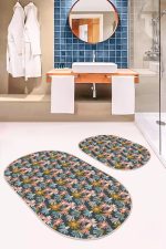 - RealHomes - Realhomes  Renkli Papatya Çiçekleri Özel Tasarımlı 2'li Oval Kaymaz Tabanlı Banyo & Mutfak Paspas Takımı Realhomes