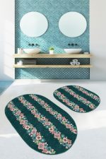 - RealHomes - Realhomes  Yeşil Zemin Tropik Çiçek Motifli 2'li Oval Kaymaz Tabanlı Banyo & Mutfak Paspas Takımı Realhomes
