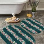 Mavi Ahşap Motifli Çiçek Tasarımlı 2'li Oval Kaymaz Tabanlı Banyo & Mutfak Paspas Takımı Realhomes