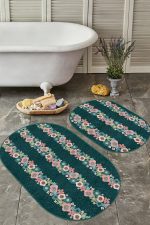 - RealHomes - Realhomes  Yeşil Zemin Tropik Çiçek Motifli 2'li Oval Kaymaz Tabanlı Banyo & Mutfak Paspas Takımı Realhomes