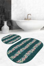 - RealHomes - Realhomes  Yeşil Zemin Tropik Çiçek Motifli 2'li Oval Kaymaz Tabanlı Banyo & Mutfak Paspas Takımı Realhomes