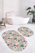 - RealHomes - Realhomes  Pudra Zemin Tropik Çiçekler Dijital Baskılı 2'li Oval Kaymaz Tabanlı Banyo & Mutfak Paspas Takımı Realhomes