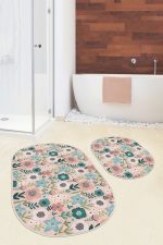 - RealHomes - Realhomes  Pudra Zemin Tropik Çiçekler Dijital Baskılı 2'li Oval Kaymaz Tabanlı Banyo & Mutfak Paspas Takımı Realhomes
