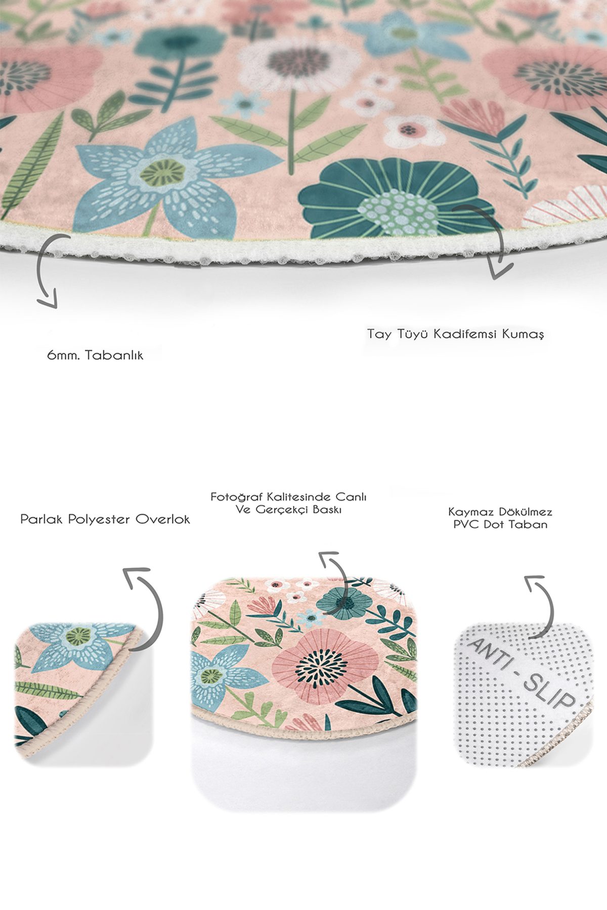Pudra Zemin Tropik Çiçekler Dijital Baskılı 2'li Oval Kaymaz Tabanlı Banyo & Mutfak Paspas Takımı Realhomes