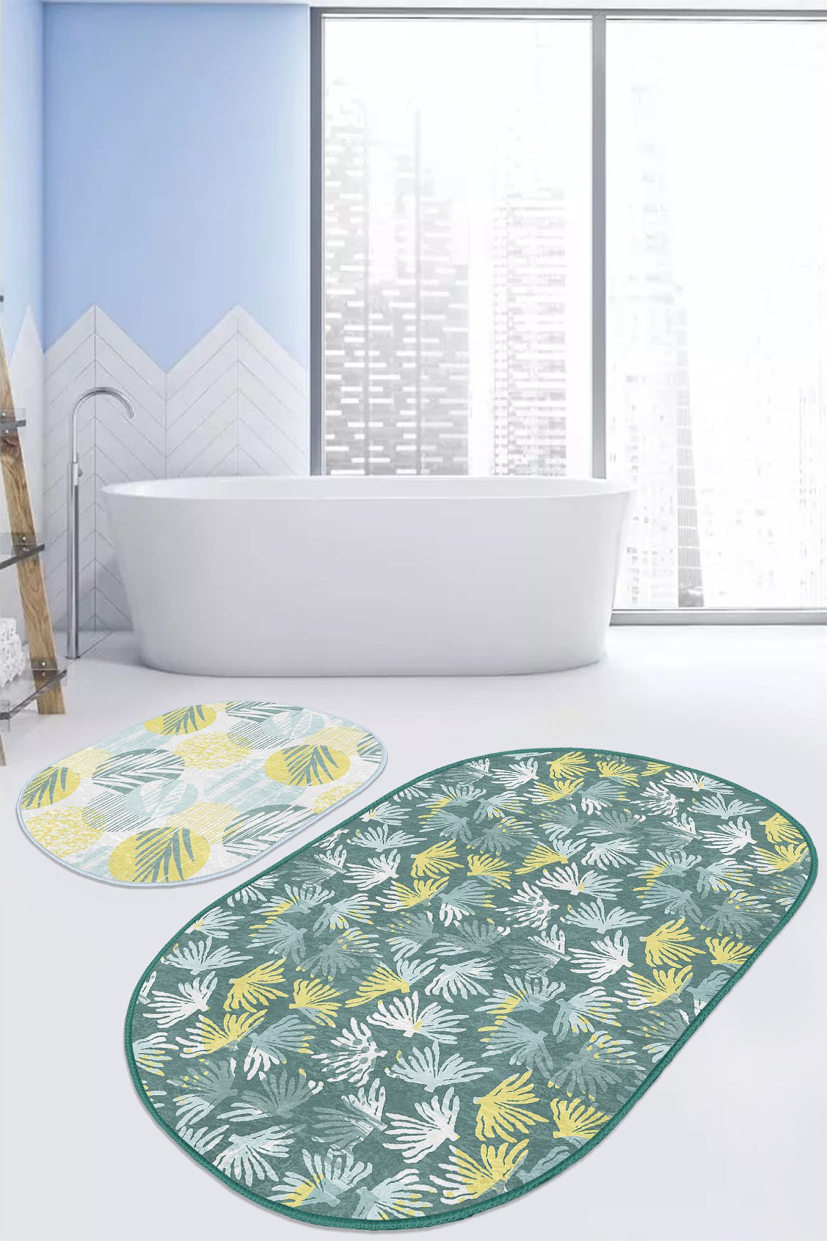 Soft Renkli Tropik Yapraklar Özel Tasarım 2'li Oval Kaymaz Tabanlı Banyo & Mutfak Paspas Takımı Realhomes