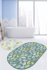 - RealHomes - Realhomes  Soft Renkli Tropik Yapraklar Özel Tasarım 2'li Oval Kaymaz Tabanlı Banyo & Mutfak Paspas Takımı Realhomes