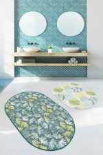 - RealHomes - Realhomes  Soft Renkli Tropik Yapraklar Özel Tasarım 2'li Oval Kaymaz Tabanlı Banyo & Mutfak Paspas Takımı Realhomes