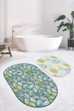 - RealHomes - Realhomes  Soft Renkli Tropik Yapraklar Özel Tasarım 2'li Oval Kaymaz Tabanlı Banyo & Mutfak Paspas Takımı Realhomes