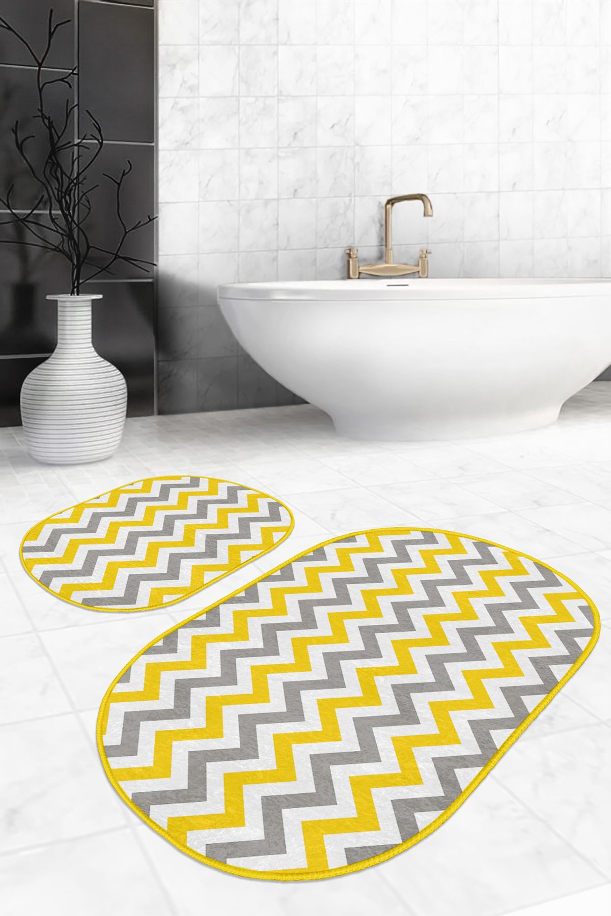 Sarı Gri Geometrik Zigzag Motifli 2'li Oval Kaymaz Tabanlı Banyo & Mutfak Paspas Takımı Realhomes