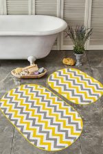 - RealHomes - Realhomes Sarı Gri Geometrik Zigzag Motifli 2'li Oval Kaymaz Tabanlı Banyo & Mutfak Paspas Takımı Realhomes
