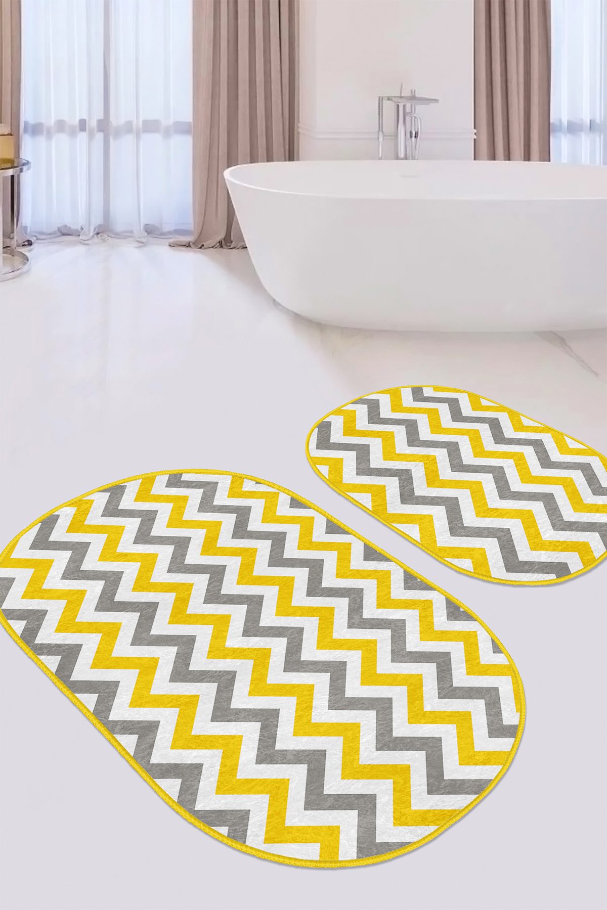 Sarı Gri Geometrik Zigzag Motifli 2'li Oval Kaymaz Tabanlı Banyo & Mutfak Paspas Takımı Realhomes