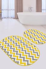 - RealHomes - Realhomes Sarı Gri Geometrik Zigzag Motifli 2'li Oval Kaymaz Tabanlı Banyo & Mutfak Paspas Takımı Realhomes