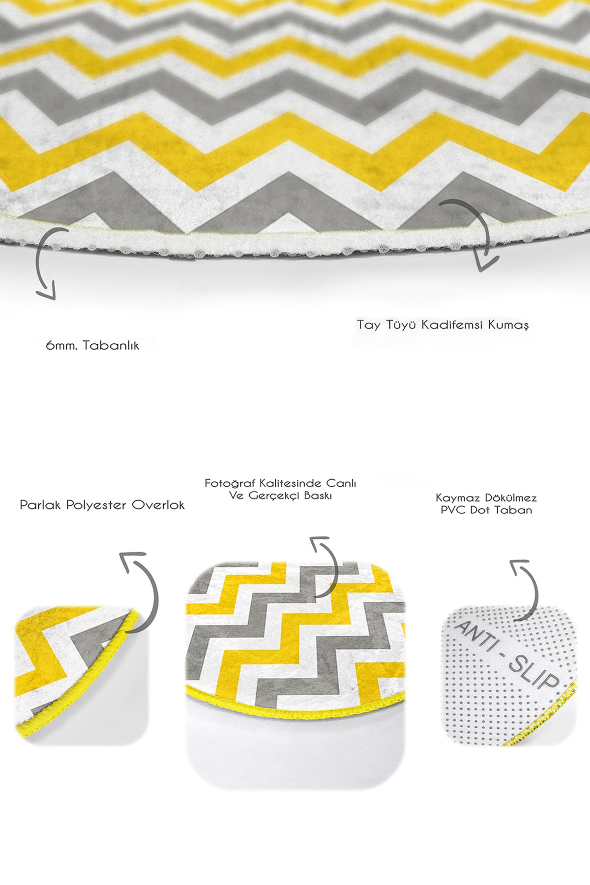 Sarı Gri Geometrik Zigzag Motifli 2'li Oval Kaymaz Tabanlı Banyo & Mutfak Paspas Takımı Realhomes