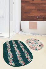 - RealHomes - Realhomes  Renkli Zemin Üzerinde Çiçek Desenli 2'li Oval Kaymaz Tabanlı Banyo & Mutfak Paspas Takımı Realhomes
