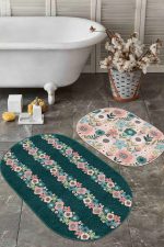 - RealHomes - Realhomes  Renkli Zemin Üzerinde Çiçek Desenli 2'li Oval Kaymaz Tabanlı Banyo & Mutfak Paspas Takımı Realhomes