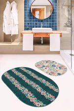 - RealHomes - Realhomes  Renkli Zemin Üzerinde Çiçek Desenli 2'li Oval Kaymaz Tabanlı Banyo & Mutfak Paspas Takımı Realhomes