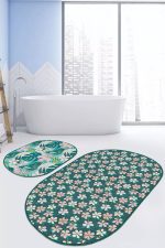 - RealHomes - Realhomes  Renkli Zemin Yaprak Motifli Dijital Baskılı 2'li Oval Kaymaz Tabanlı Banyo & Mutfak Paspas Takımı Realhomes