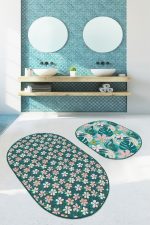 - RealHomes - Realhomes  Renkli Zemin Yaprak Motifli Dijital Baskılı 2'li Oval Kaymaz Tabanlı Banyo & Mutfak Paspas Takımı Realhomes
