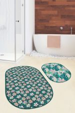 - RealHomes - Realhomes  Renkli Zemin Yaprak Motifli Dijital Baskılı 2'li Oval Kaymaz Tabanlı Banyo & Mutfak Paspas Takımı Realhomes