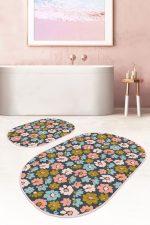 - RealHomes - Realhomes  Siyah Zemin Renkli Çiçek Desenli Dijital Baskılı 2'li Oval Kaymaz Tabanlı Banyo & Mutfak Paspas Takımı Realhomes