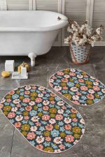 - RealHomes - Realhomes  Siyah Zemin Renkli Çiçek Desenli Dijital Baskılı 2'li Oval Kaymaz Tabanlı Banyo & Mutfak Paspas Takımı Realhomes