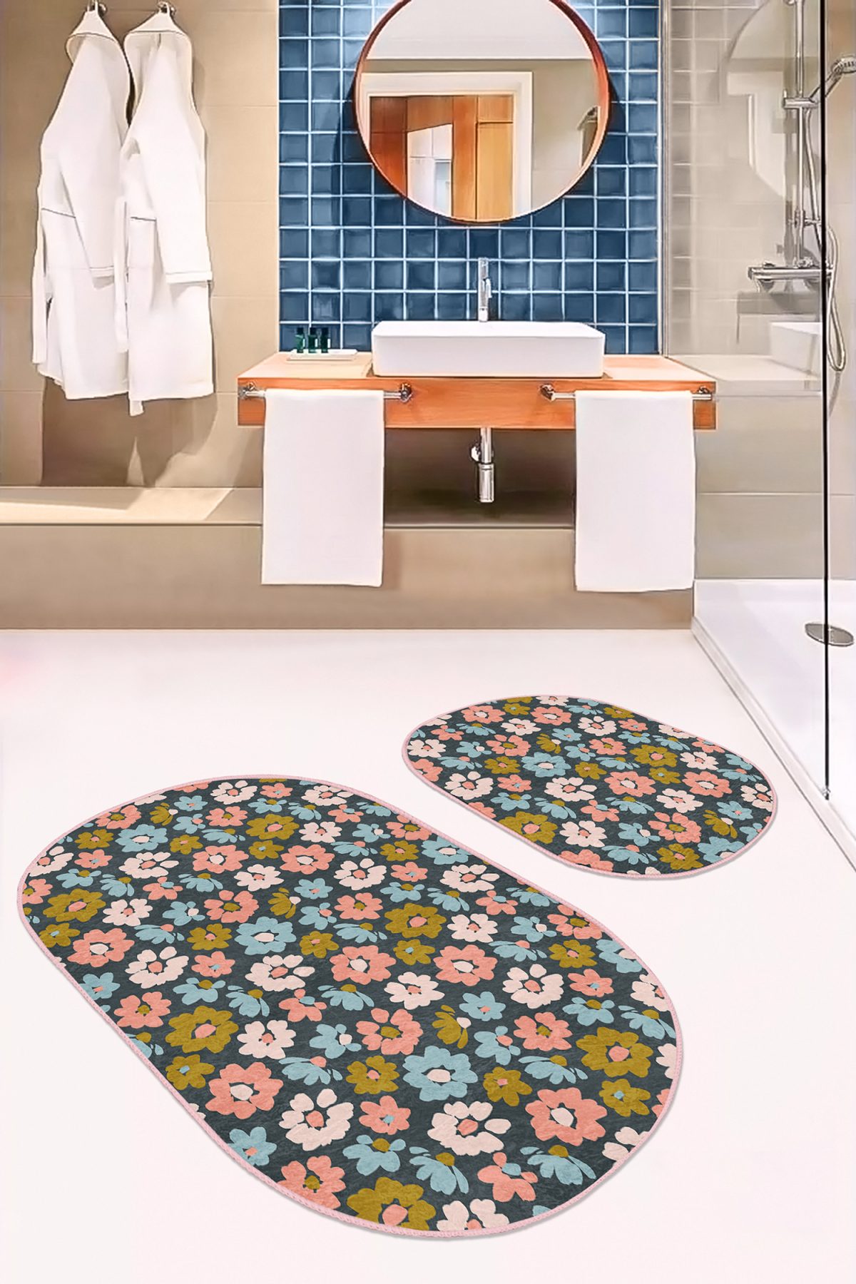 Siyah Zemin Renkli Çiçek Desenli Dijital Baskılı 2'li Oval Kaymaz Tabanlı Banyo & Mutfak Paspas Takımı Realhomes