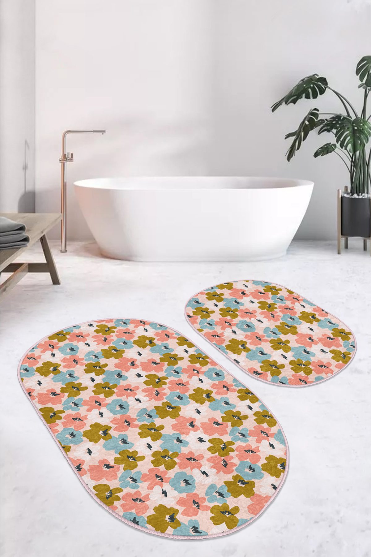 Pudra Zeminde Onedraw Çizimli Renkli Çiçek Motifli 2'li Oval Kaymaz Tabanlı Banyo & Mutfak Paspas Takımı Realhomes