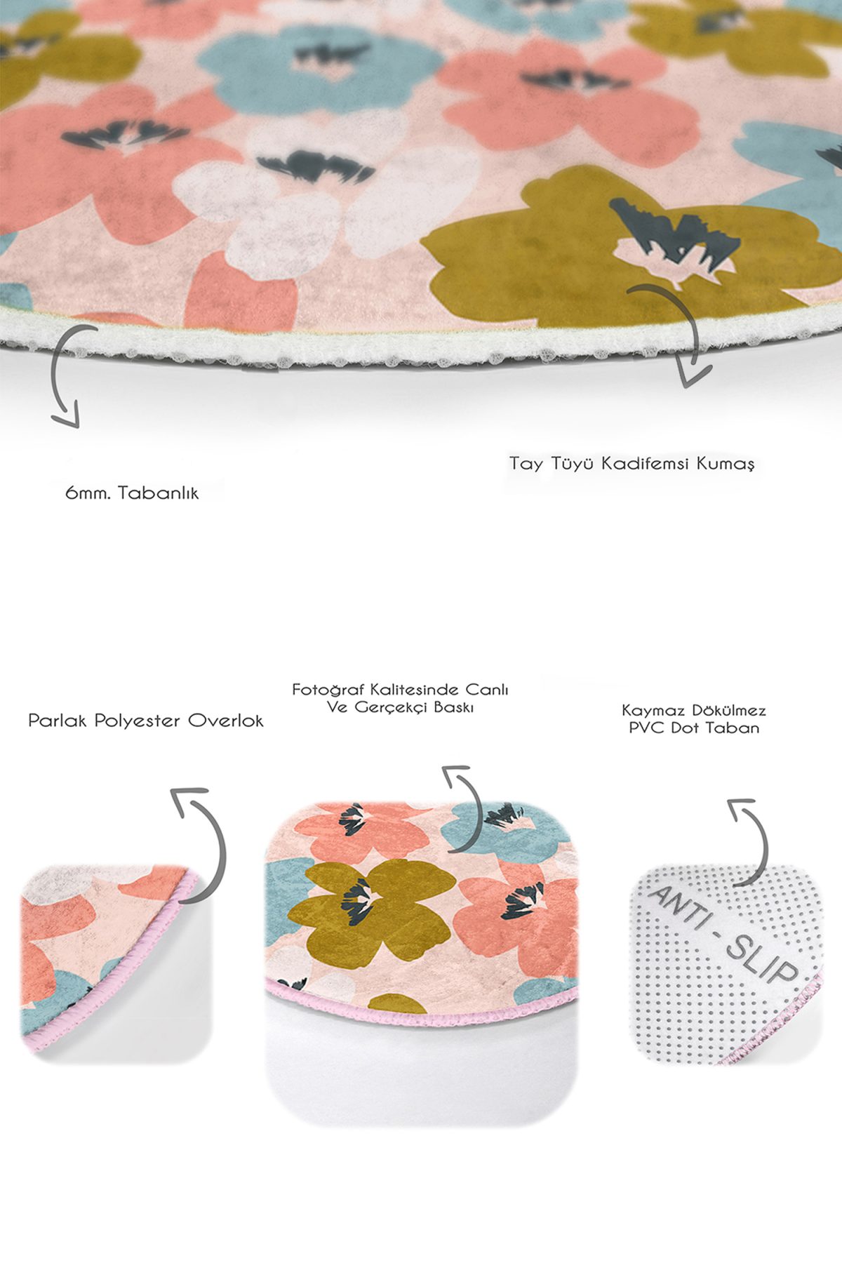 Pudra Zeminde Onedraw Çizimli Renkli Çiçek Motifli 2'li Oval Kaymaz Tabanlı Banyo & Mutfak Paspas Takımı Realhomes
