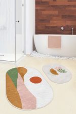 - RealHomes - Realhomes  Pastel Renkli Zemin Onedraw Çizimli Dijital Baskılı 2'li Oval Kaymaz Tabanlı Banyo & Mutfak Paspas Takımı Realhomes