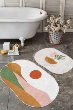 - RealHomes - Realhomes  Pastel Renkli Zemin Onedraw Çizimli Dijital Baskılı 2'li Oval Kaymaz Tabanlı Banyo & Mutfak Paspas Takımı Realhomes